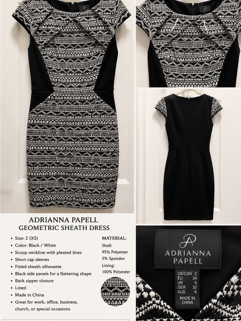 Adrianna Papell Black White Geometric Jacquard Sheath Dress Size 2